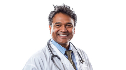 professional indian male doctor with smiling face isolated on white background
