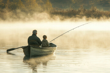Father and son fishing in morning mist