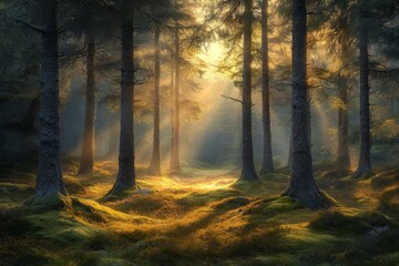 Fototapeta premium Sunlit forest path with golden light filtering through trees