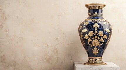 Ornate blue and gold vase on marble pedestal against tan backdrop.