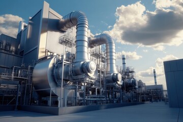Industrial facility showcasing large metallic pipes against a blue sky with scattered clouds