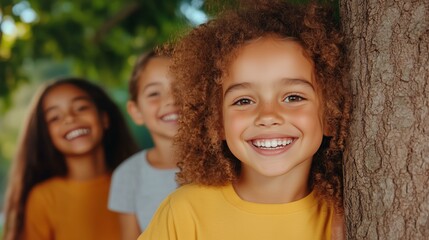 Fototapeta premium Joyful children playing outdoors with natural smiles and curly hair