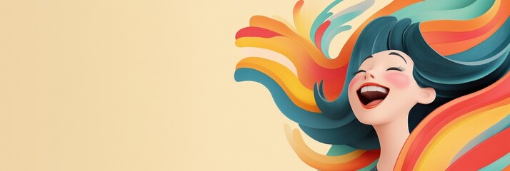 Cartoon woman with vibrant, wavy hair and joyful expression
