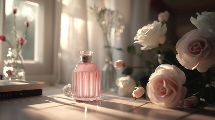 Elegance in Bloom: Pink Perfume Bottle with Fashionable Typography and White Roses, Exuding Luxury and Minimalist Style