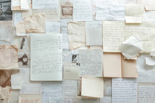 Aged papers, handwritten notes, collage.