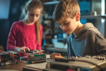 Young children exploring electronics and circuit projects in a bright workshop space