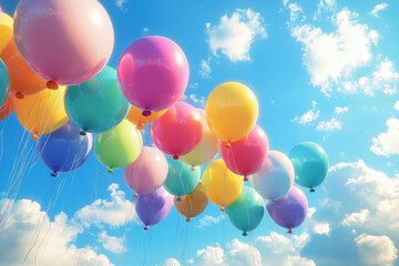 Rainbow balloons rising into a blue sky