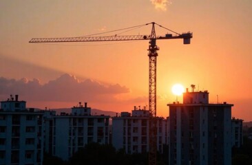 Construction crane against the background of high-rise buildings