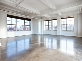 Obraz premium An empty apartment with a polished concrete floor, simple white walls, and large windows offering versatile design potential