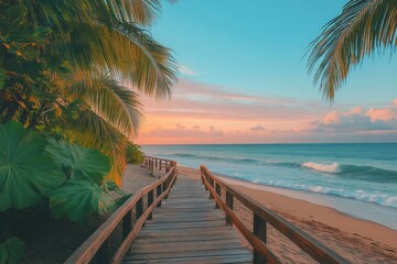 Fototapeta premium Tropical beach at sunset with palm trees and a wooden walkway
