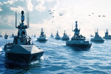 Advanced naval fleet of autonomous vessels patrolling a vast ocean under clear skies