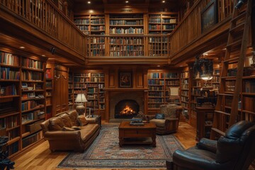 Obraz premium Luxurious home library interior with wooden bookshelves and a cozy reading chair