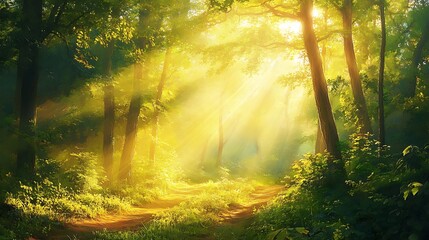 Obraz premium A serene forest scene illuminated by sunlight filtering through trees.