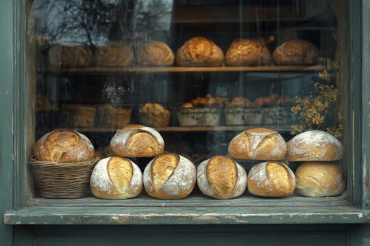 Display of freshly baked bread in a bakery window with rustic decor