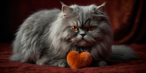 Fototapeta premium Cute Gray Persian Kitten with Red Heart on a dark background, Valentine's Day Illustration, Valentine's Day greeting card with a pet