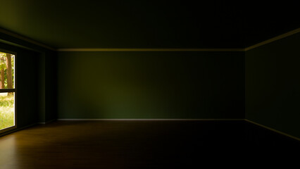 Obraz premium Empty room with dark green walls, a polished wooden floor, and a large window offering a view of a forest. The room is dimly lit, creating a calm and serene atmosphere.