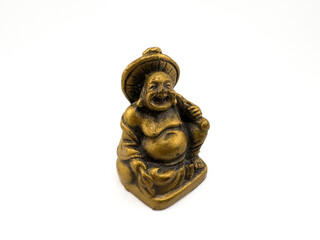Golden Laughing Buddha Figurine with Detailed Carvings and Smiling Expression