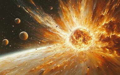 Cosmic Explosion with Vibrant Swirling Planets and Asteroids in Surrealism