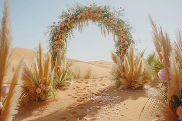 A beautiful floral arch in a desert landscape, surrounded by golden sands and vibrant blooms under a clear sky.