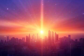 A vibrant sunset over a city skyline, casting rays of light and creating a serene atmosphere.