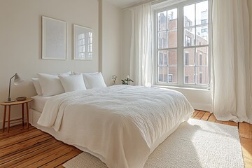 Modern minimalist bedroom with white linens and natural light