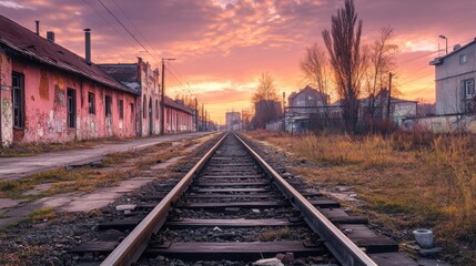 Obraz premium Abandoned Buildings Near Railway Station at Sunrise