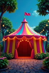 Colorful carnival tent with vibrant stripes and a large entrance doorway surrounded by lush greenery and twinkling lights, arches, lights