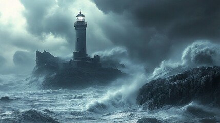 Lighthouse battling stormy ocean waves.