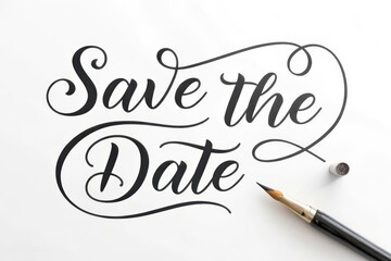 Elegant calligraphy design featuring "save the date" script with brush and ink on white background