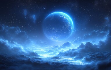 Fototapeta premium Vibrant Blue Planet Surrounded by Rings in Cosmic Landscape with Stars