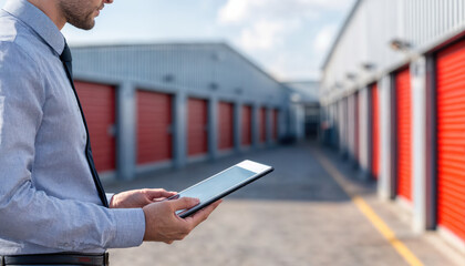 Manager using digital tablet monitoring self storage units