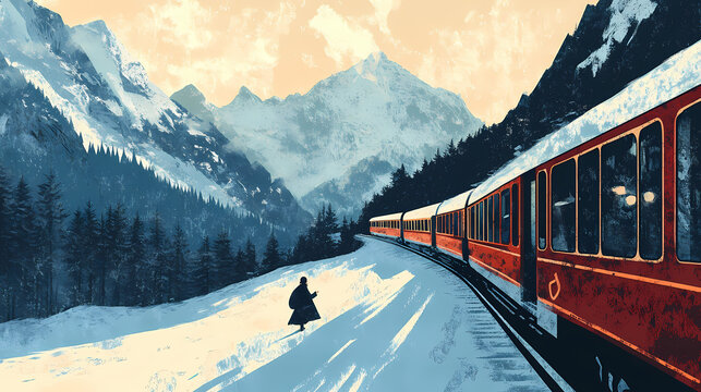 Train winding through a snowy landscape, passengers glimpsing the world beyond frosted windows, anticipation, emotion, journey. Glimpse. Illustration