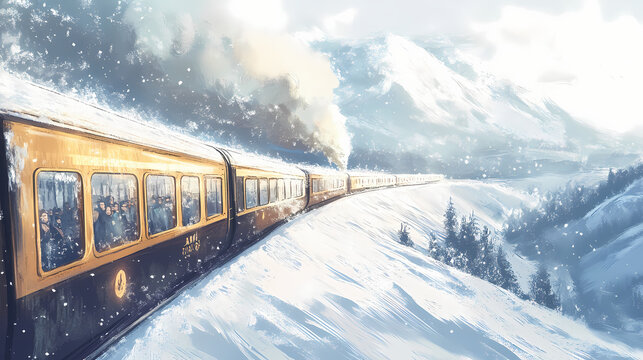 Train winding through a snowy landscape, passengers glimpsing the world beyond frosted windows, anticipation, emotion, journey. Glimpse. Illustration