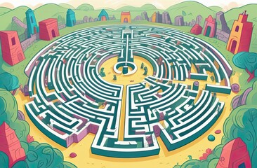 A vibrant circular maze set in a whimsical, illustrated landscape with colorful structures, lush greenery, and playful details scattered throughout the scene