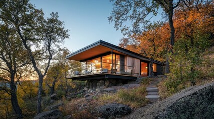 Modern cabin, autumn woods, rocky hillside, glass walls.