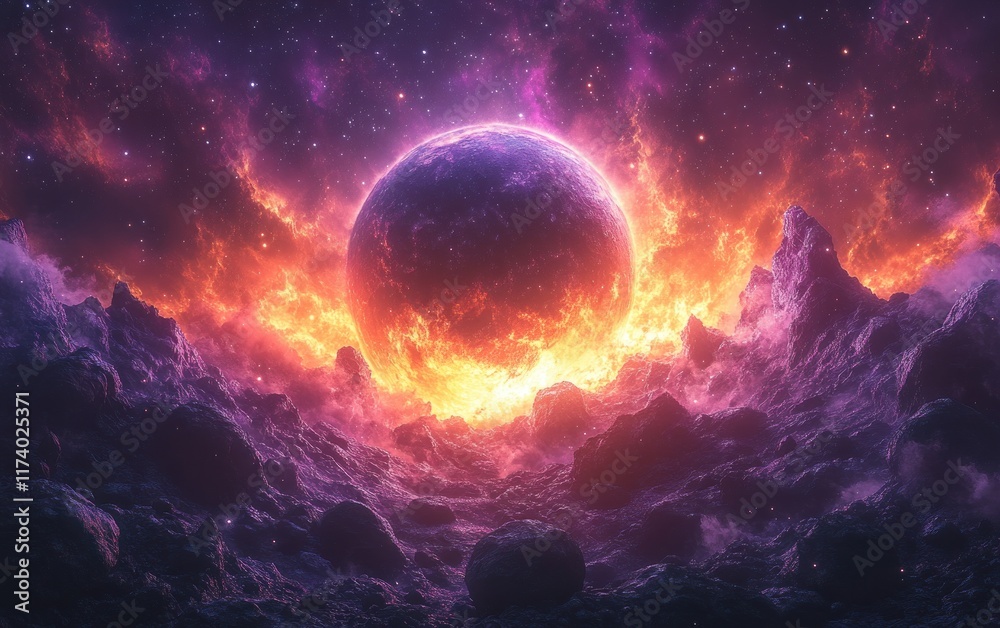 Wall mural cosmic nebula scene with distant planet and asteroid field in vibrant colors