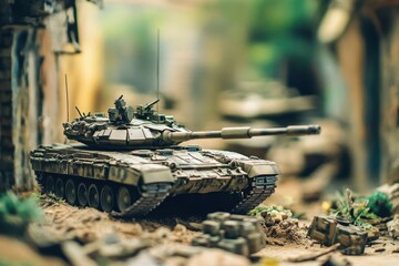 Detailed model of a tank in a diorama setting depicting a war scene with greenery