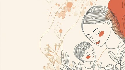 Elegant line art of mother and child embracing, surrounded by floral elements, symbolizing love and connection on mother's day