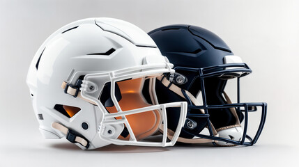 Fototapeta premium Two american football helmets facing each other on white background
