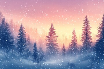 Naklejka premium Pine forest in winter at sunrise with pink and orange skies