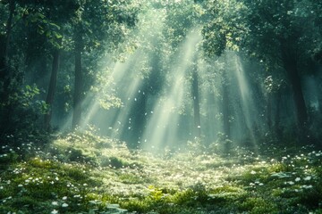 Sunbeams filtering through a forest canopy onto a mossy ground