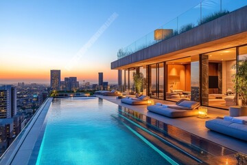 Obraz premium Modern rooftop pool with a city skyline view at sunset