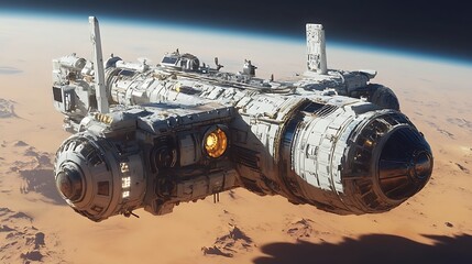 Fototapeta premium A futuristic spacecraft hovering above a desert landscape, showcasing advanced technology and design.