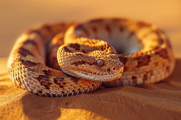 Obraz premium A close-up of a beautiful, coiled desert snake basking in the warm sunlight on sandy terrain.