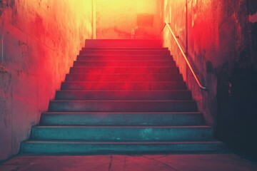 Fototapeta premium Vivid red stairway descending into a dark mysterious underground space