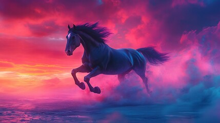 Black horse running through vibrant sunset clouds.