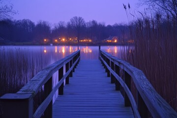 Naklejka premium Wooden pier leading to a calm lake under a twilight sky