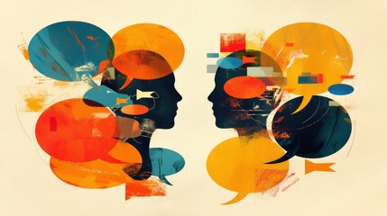 Speech bubbles overlapping, symbolizing shared thoughts and the discovery of compromise in communication, representing dialogue and understanding.
 