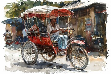 A colorful rickshaw driven by a local man, showcasing vibrant street life and transport culture in a busy urban setting.