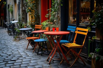Obraz premium Outdoor cafe with colorful tables and chairs in a cozy alley